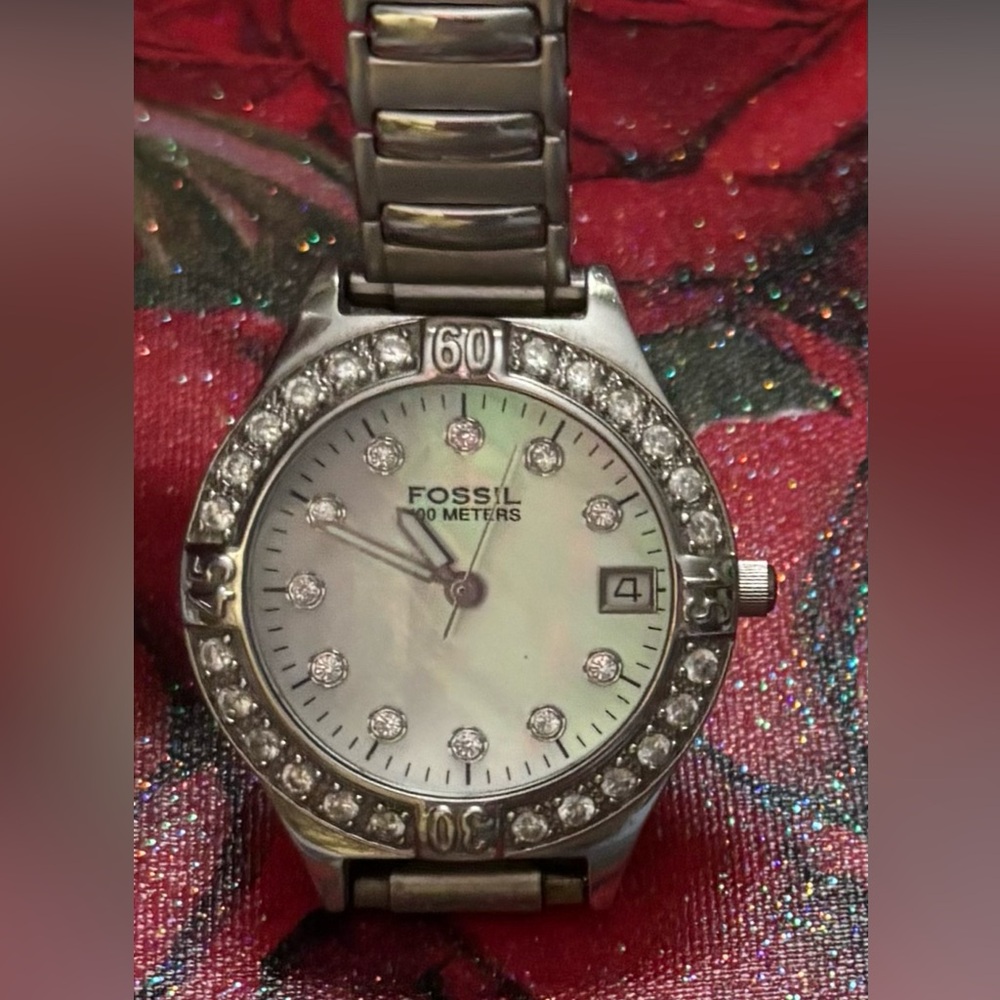 Fossil Vintage Blue Opal face Silver with Rhinestone Crystal Details